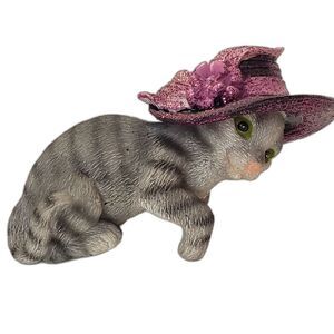 Resin Tabby Cat with Fancy Pink Hat Figurine Collectible
